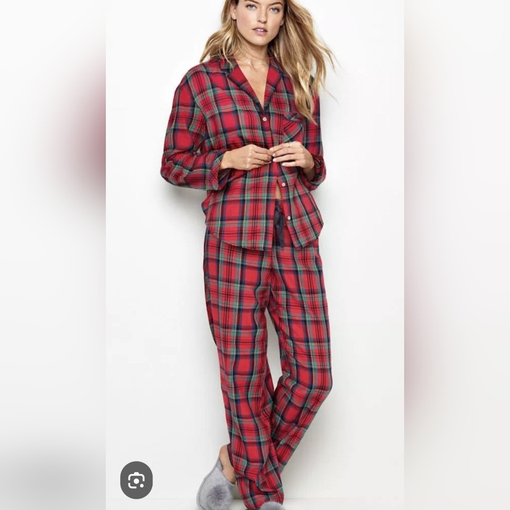 3 Pc Holiday Plaid Soft Flannel Pajamas W Matching Thong Velvet Drawstring XS R